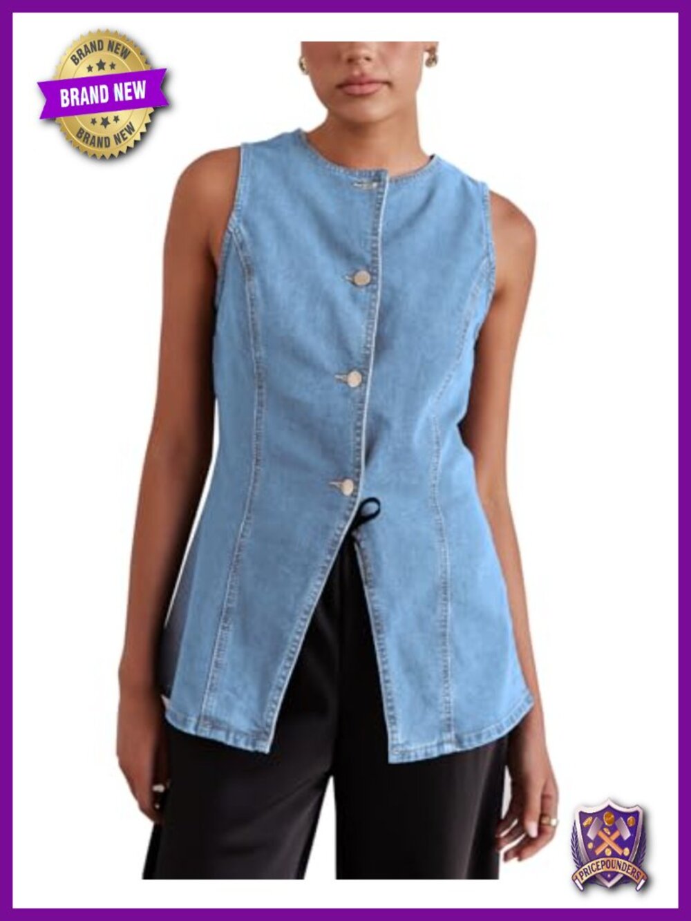 Long Denim Vest Waistcoat Sleeveless Button-Up A-Line Jean Vest